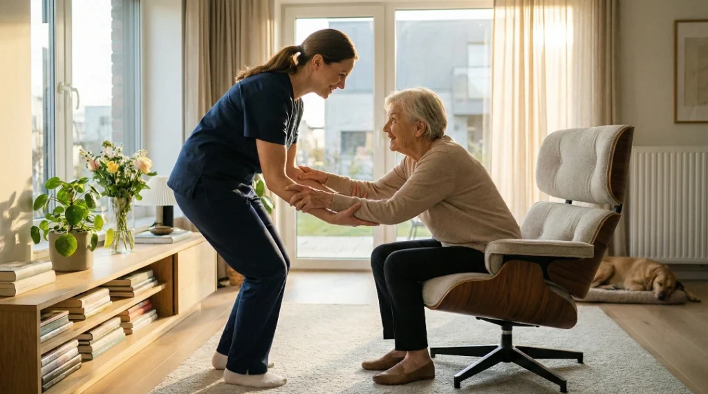 A caregiver using a safe sit-to-stand transfer technique when helping a senior stand up from a chair.