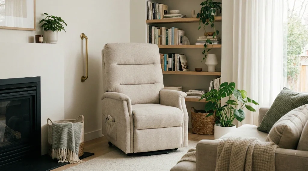 A modern lift chair and grab bars used as assistive devices for elderly mobility assistance and fall prevention.