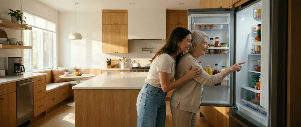 A caregiver checking refrigerator groceries with her mother to monitor signs of malnutrition in seniors.