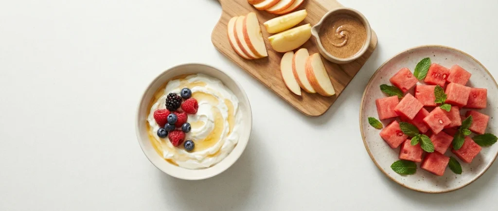 A healthy assortment of easy snacks including yogurt and fruit, representing essential senior nutrition tips